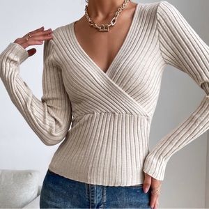 INC V Neck Wrap Front Long Sleeve Knit Womens Sweater Tan Size XL Extra Large